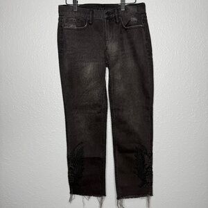 All Saints Philly Black Denim size 26 ‎ distressed with embroidered designs -cp